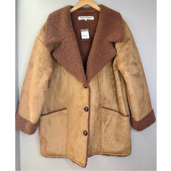 NWT Free People Diogo Oversized Colorblock Faux Sherpa Suede Brown Coat Jacket - Picture 10 of 12